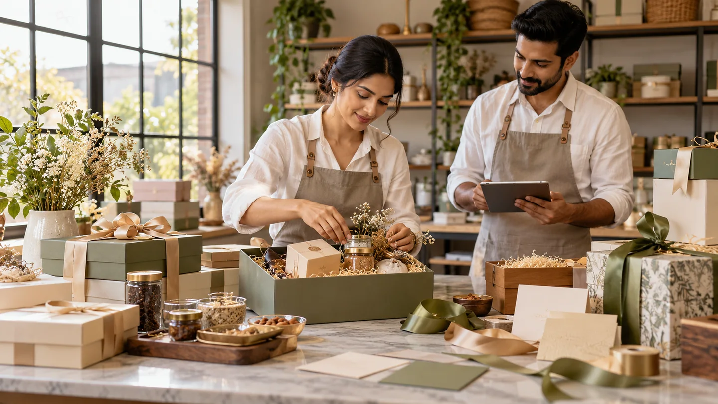 Corporate gift hampers seller team preparing and managing gifting orders