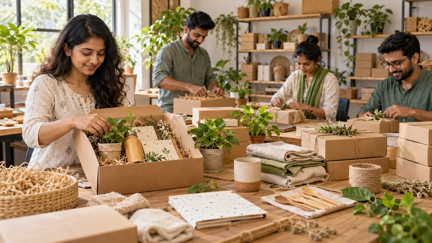 Eco-friendly gifts seller team preparing and managing gifting orders