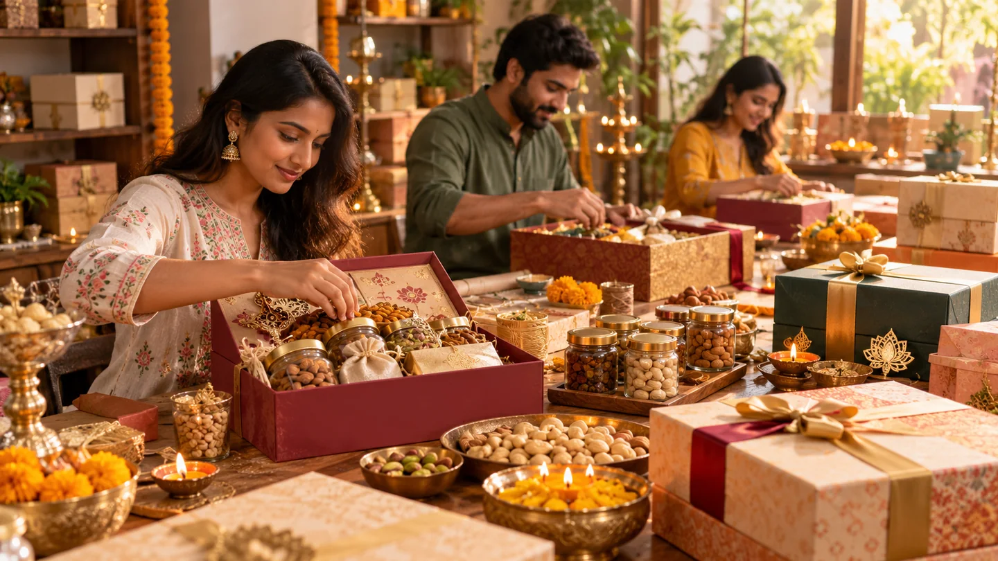 Festive gifts seller team preparing and managing gifting orders