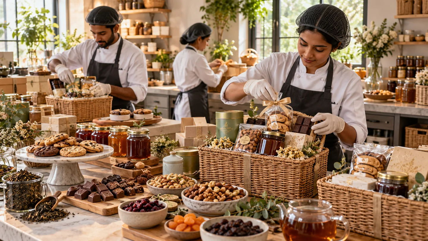 Gourmet hampers seller team preparing and managing gifting orders