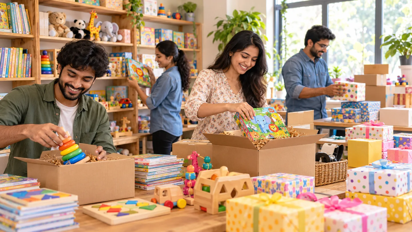 Kids gifts seller team preparing and managing gifting orders