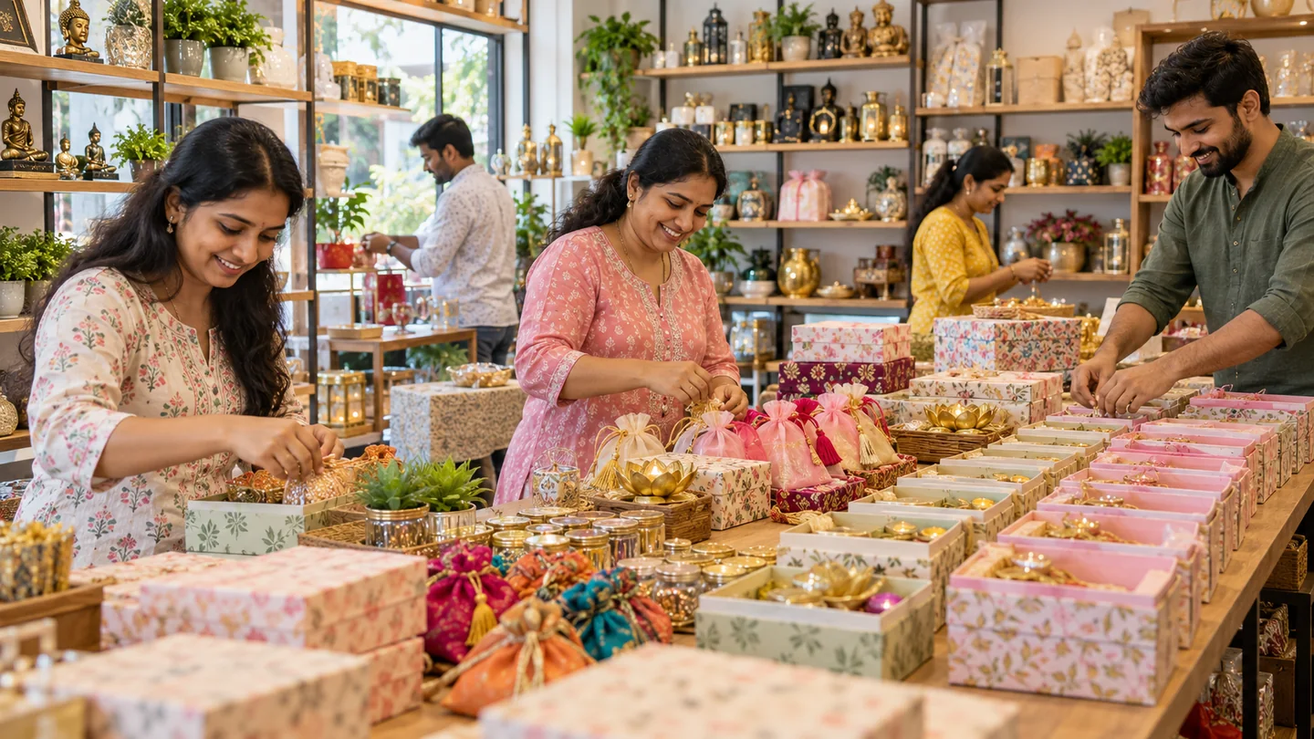 Return gifts seller team preparing and managing gifting orders