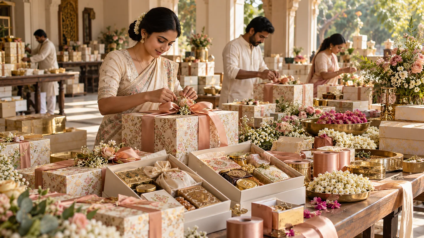 Wedding gifts seller team preparing and managing gifting orders